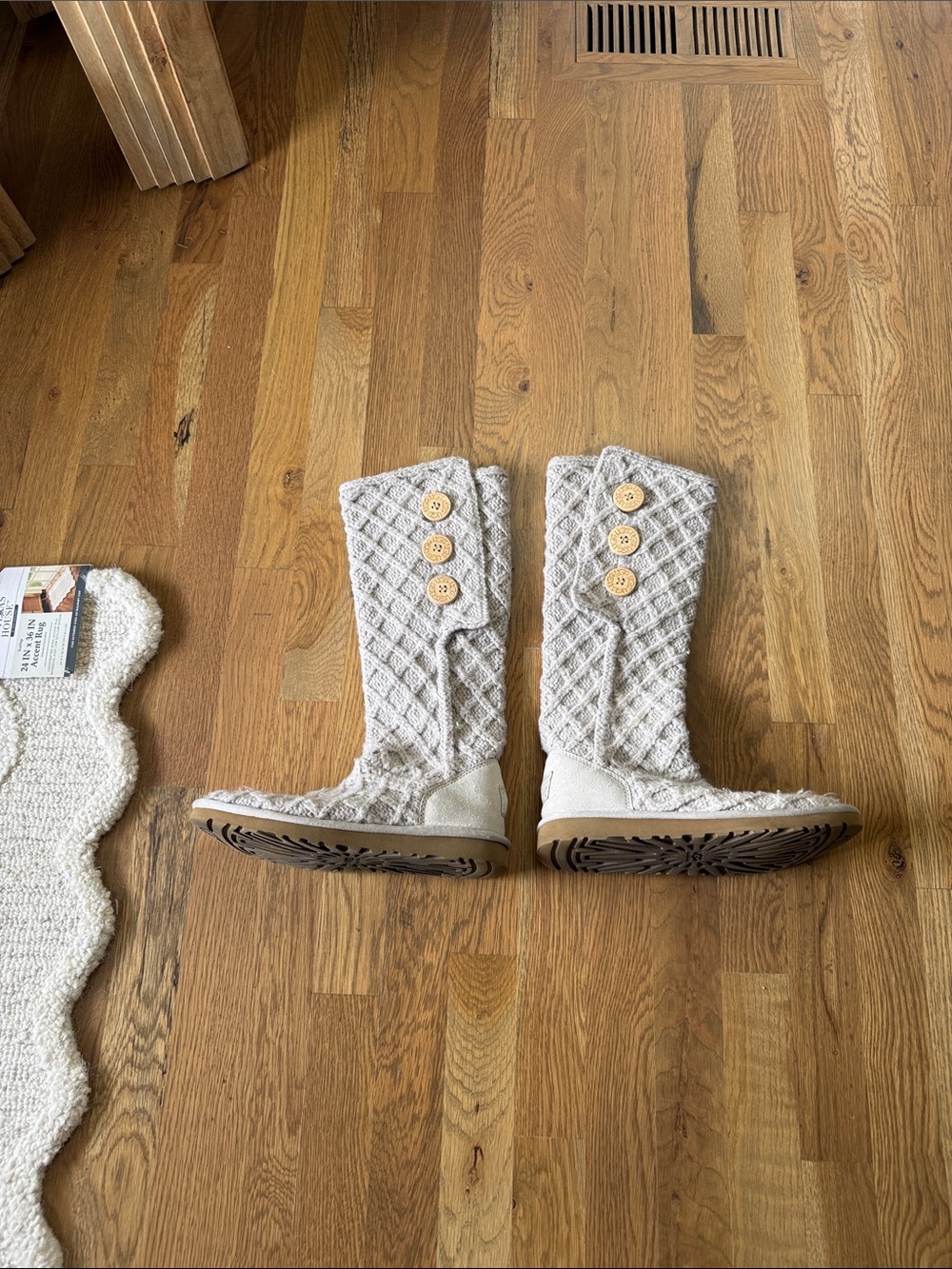 UGG Women's Tall Button Knit Boots in Light Gray with Tan Buttons